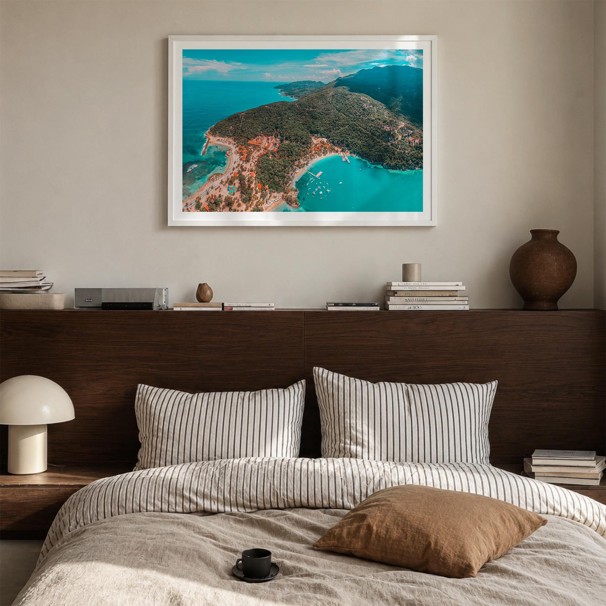 Haiti colorful photo poster of Caribbean – horizontal wall art in white wood frame with white border, hanging on wall
