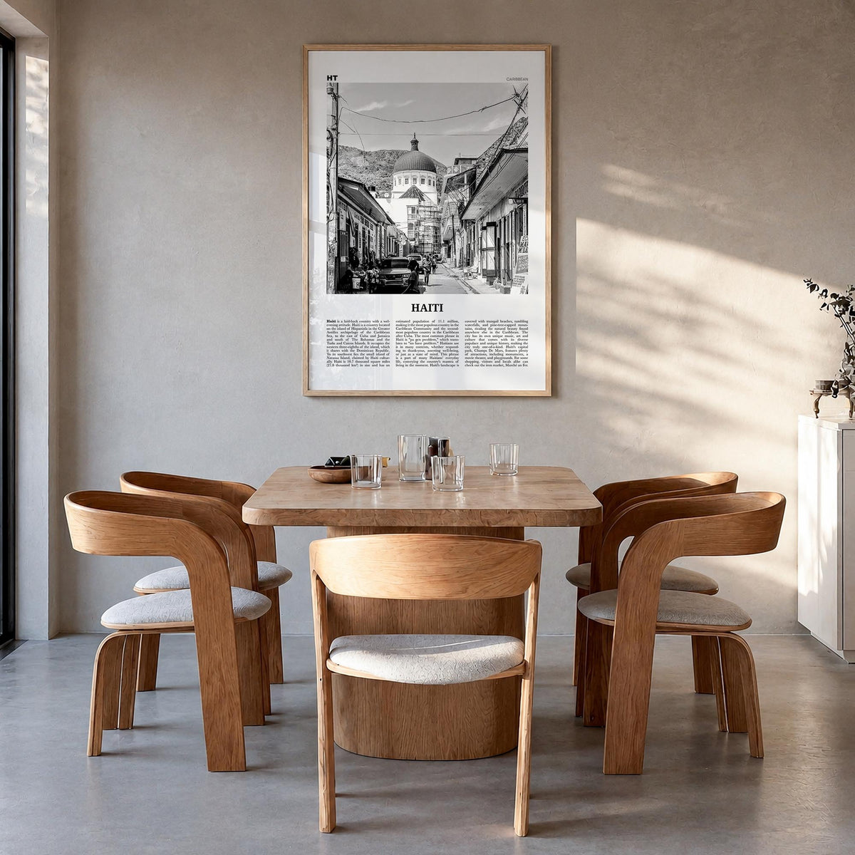 Haiti no. 2 black & white newspaper poster of Caribbean – vertical wall art in natural wood frame, hanging on wall