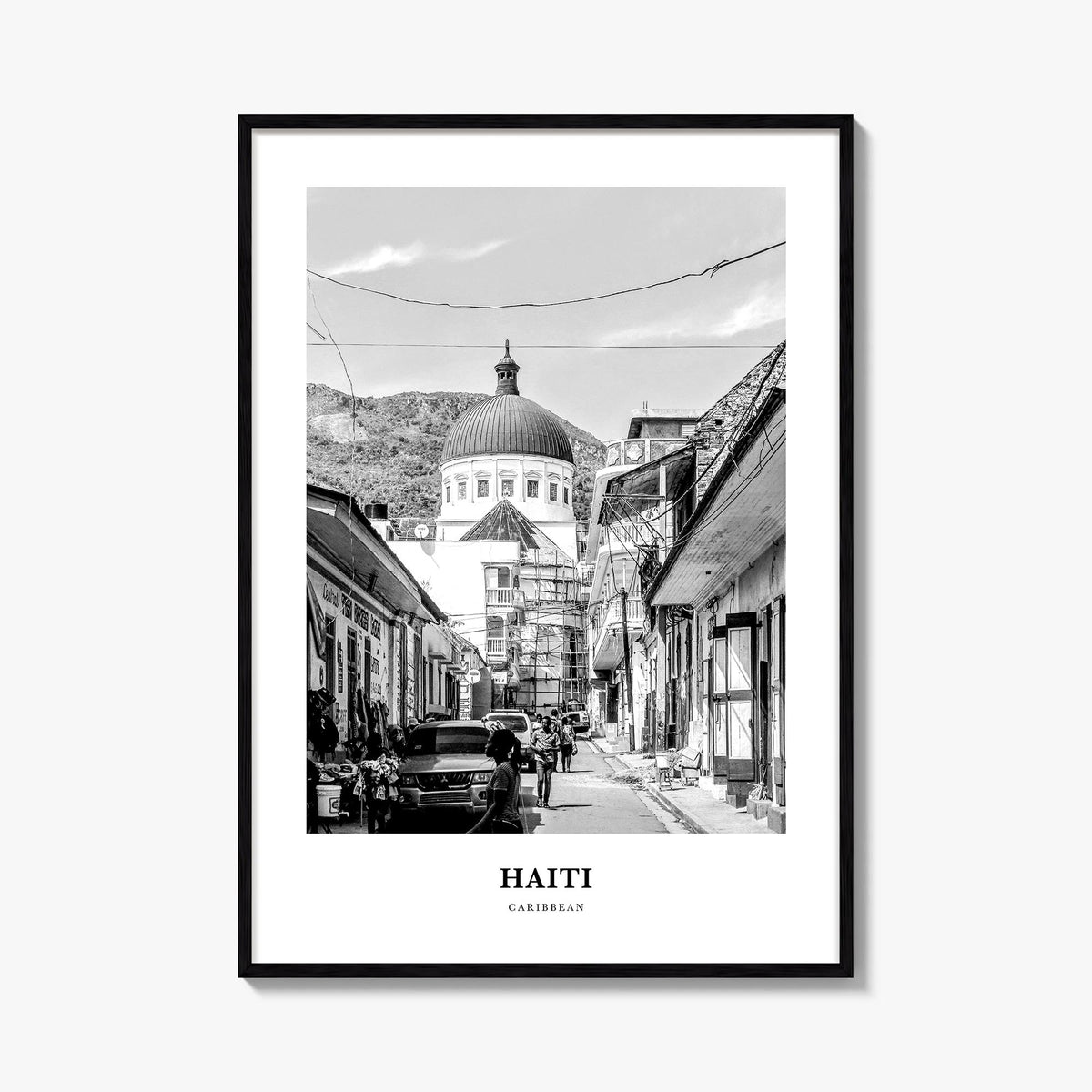 Haiti no. 3 black & white classic poster of Caribbean – vertical wall art, unframed print shown in interior mockup