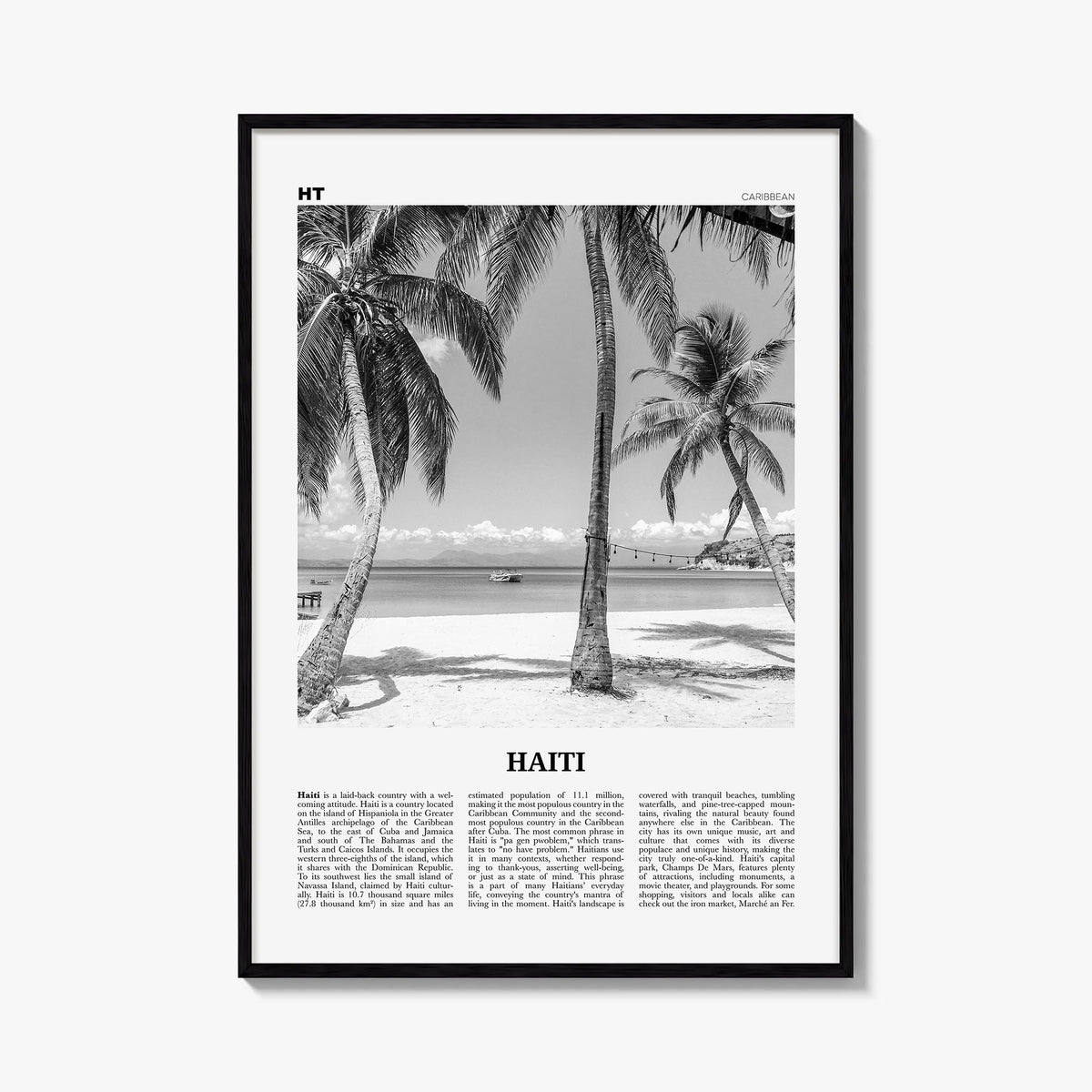 Haiti no. 3 black & white newspaper poster of Caribbean – vertical wall art, unframed print shown in interior mockup