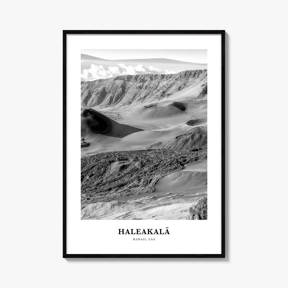 Haleakalā black & white classic poster of Hawaii, USA – vertical wall art, unframed print shown in interior mockup