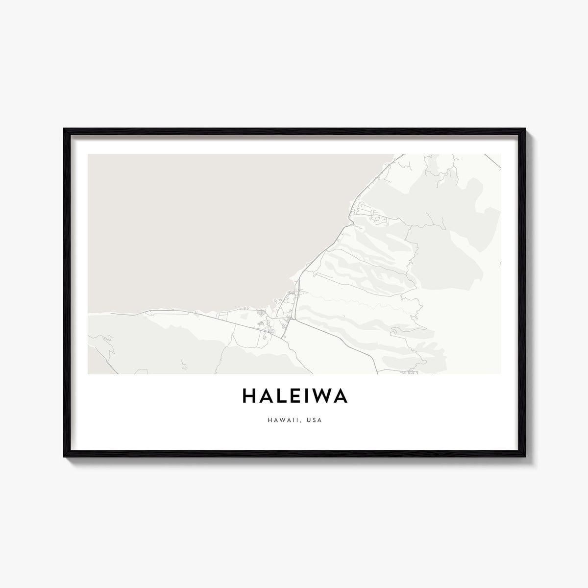 Haleiwa black & white map poster of Hawaii, USA – horizontal wall art, unframed print shown in interior mockup