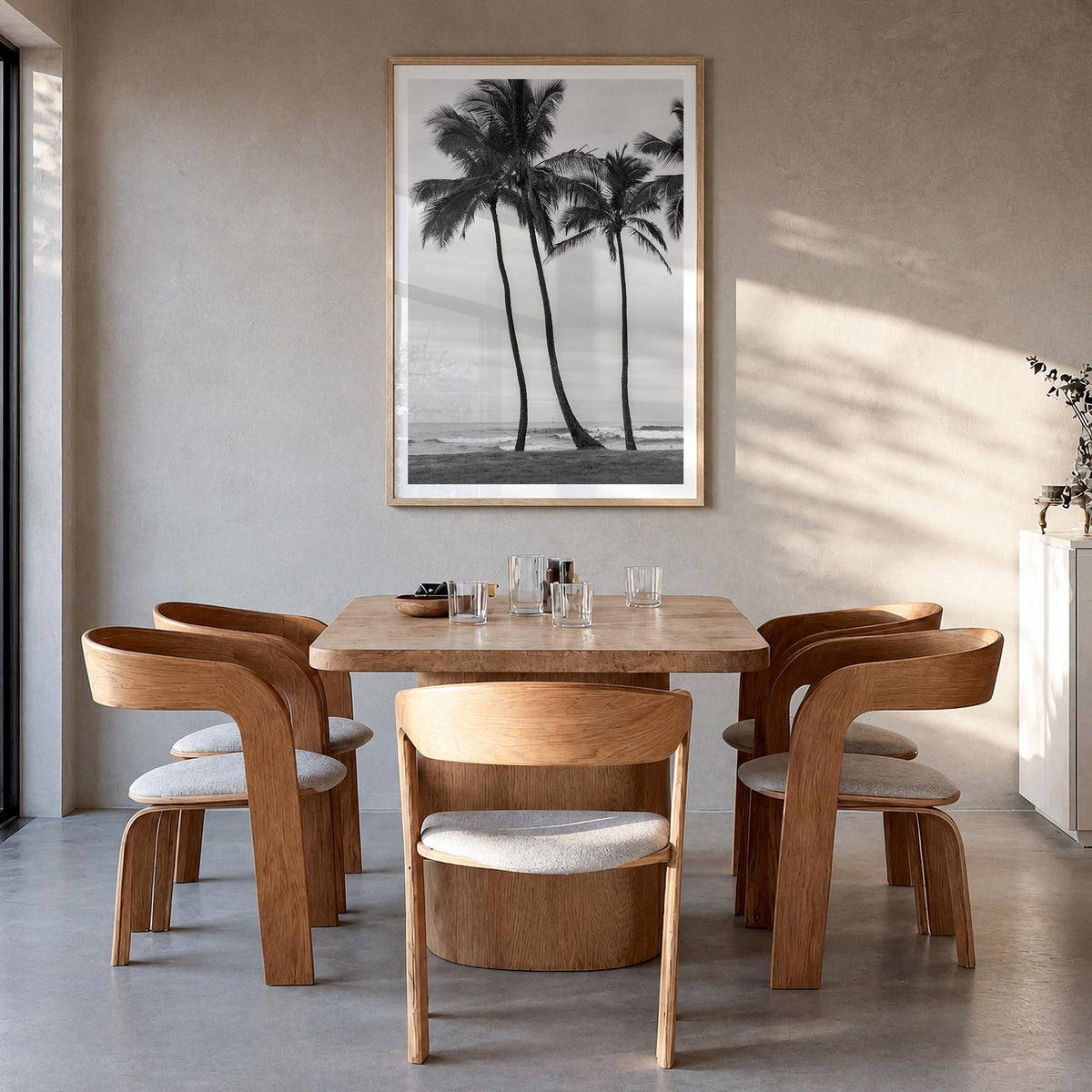 Haleiwa black & white photo poster of Hawaii, USA – vertical wall art in natural wood frame with white border, hanging on wal