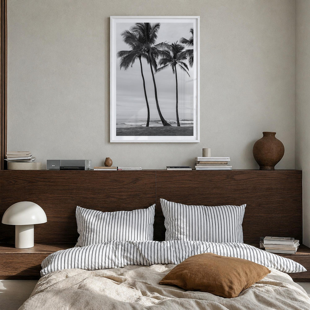 Haleiwa black & white photo poster of Hawaii, USA – vertical wall art in white wood frame with white border, hanging on wall