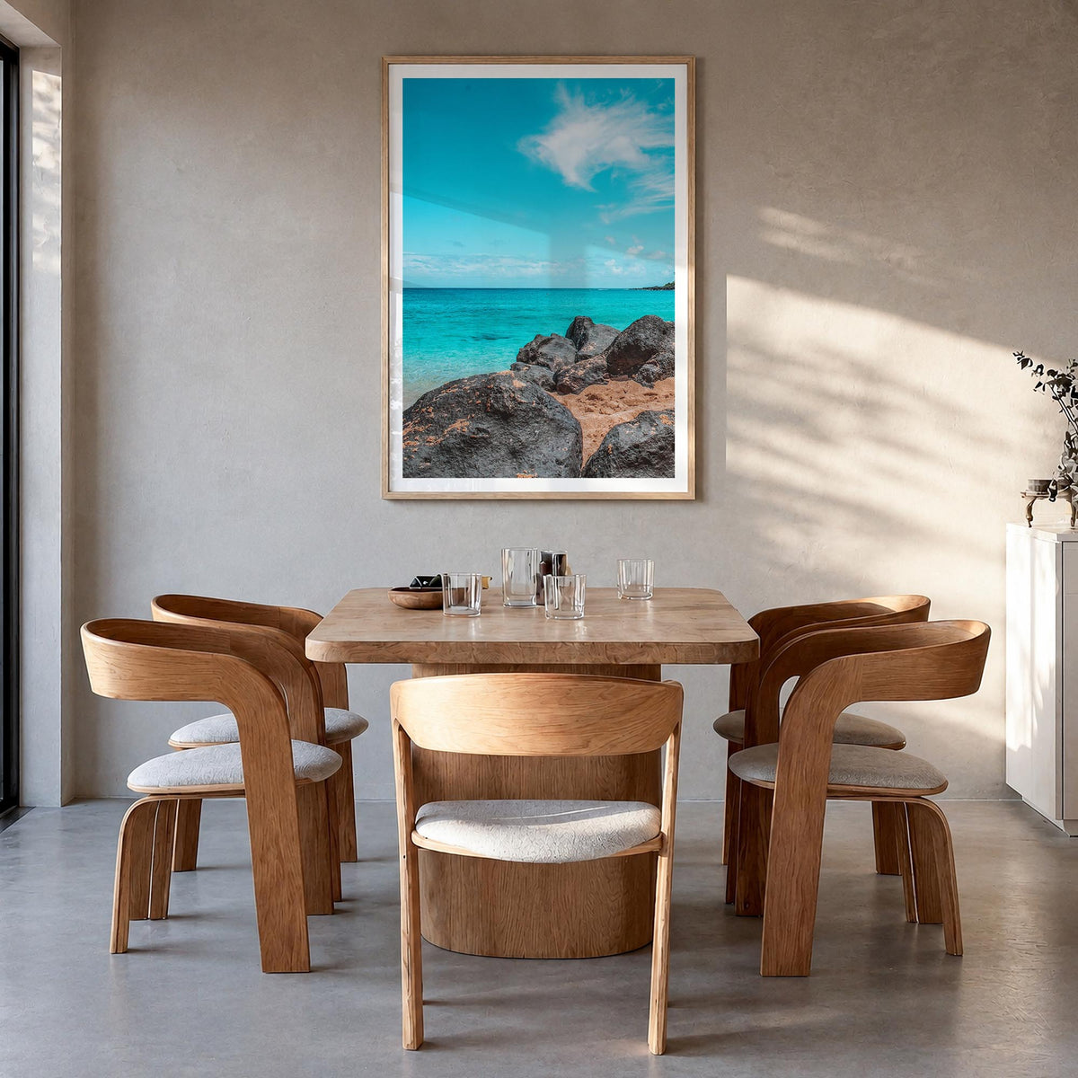Haleiwa colorful photo poster of Hawaii, USA – vertical wall art in natural wood frame with white border, hanging on wall