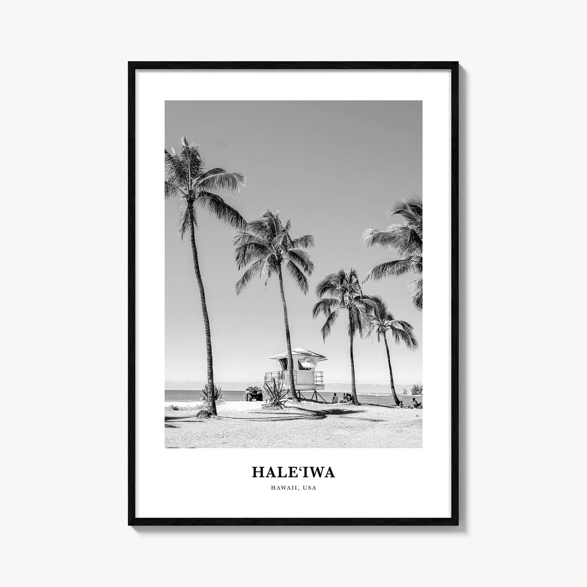 Haleiwa no. 1 black & white classic poster of Hawaii, USA – vertical wall art, unframed print shown in interior mockup