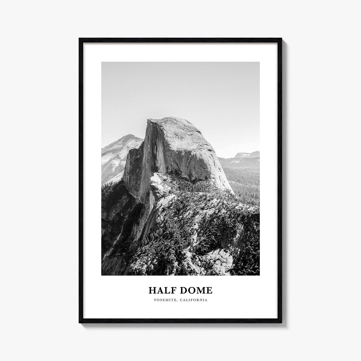 Half Dome black & white classic poster of Yosemite, California – vertical wall art, unframed print shown in interior mockup