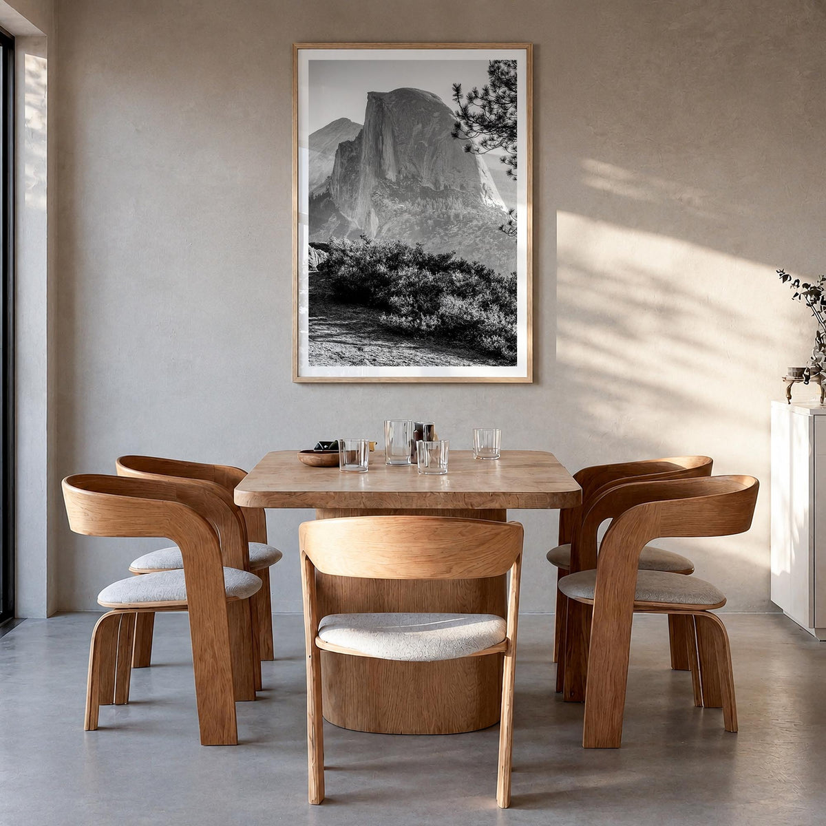 Half Dome black & white photo poster of Yosemite, California – vertical wall art in natural wood frame with white border, han