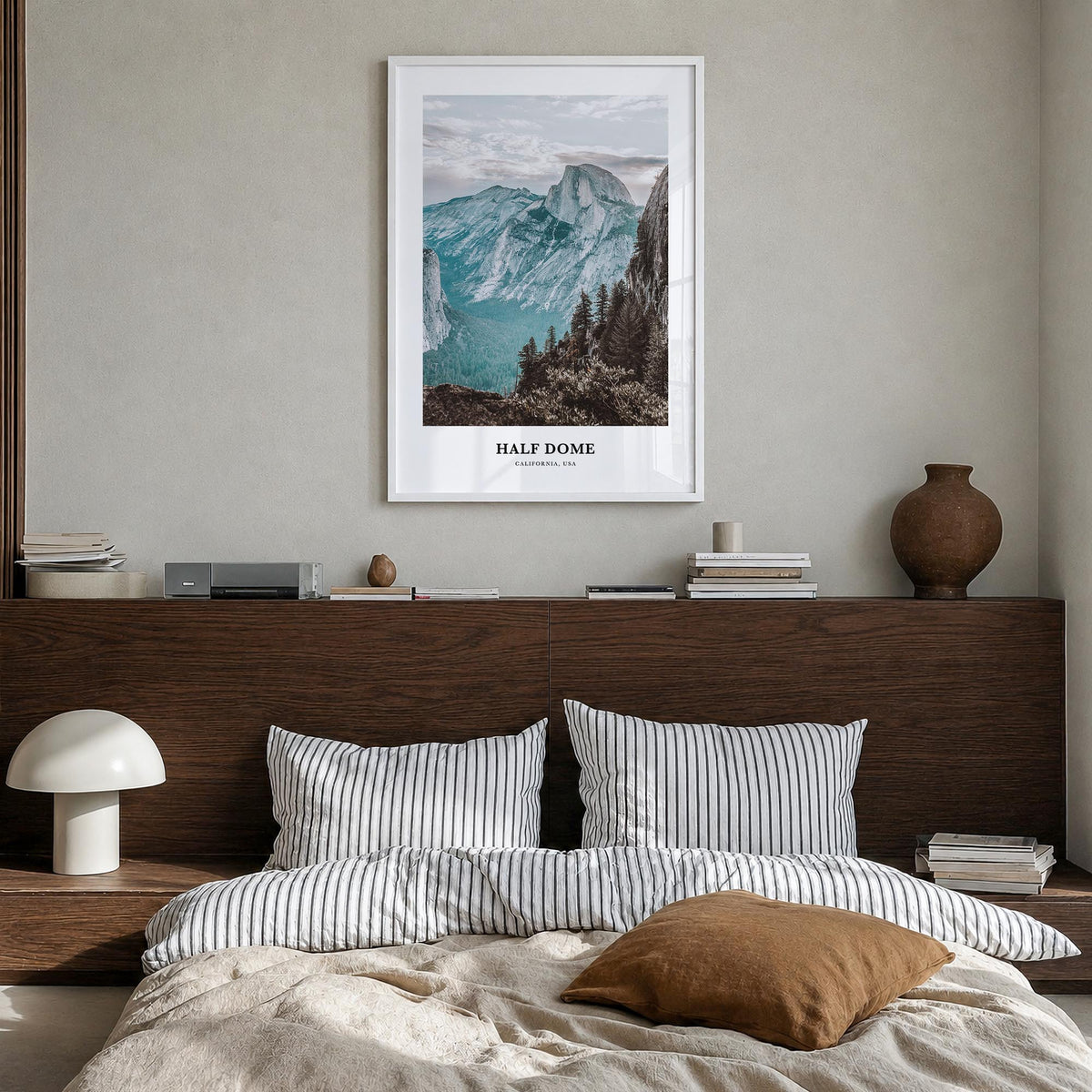 Half Dome colorful classic poster of Yosemite, California – vertical wall art in white wood frame, hanging on wall