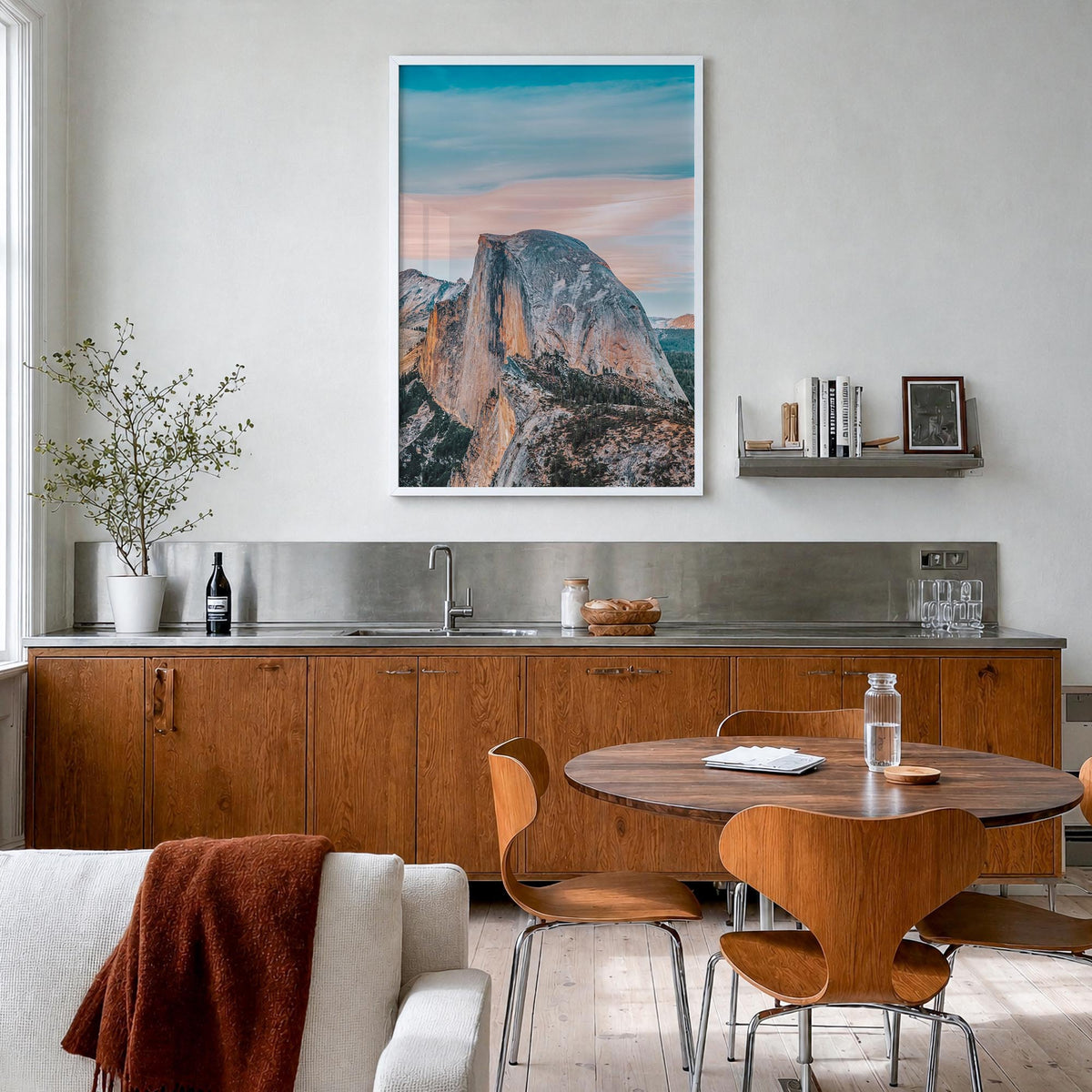 Half Dome colorful photo poster of Yosemite, California – vertical wall art in white wood frame, hanging on wall