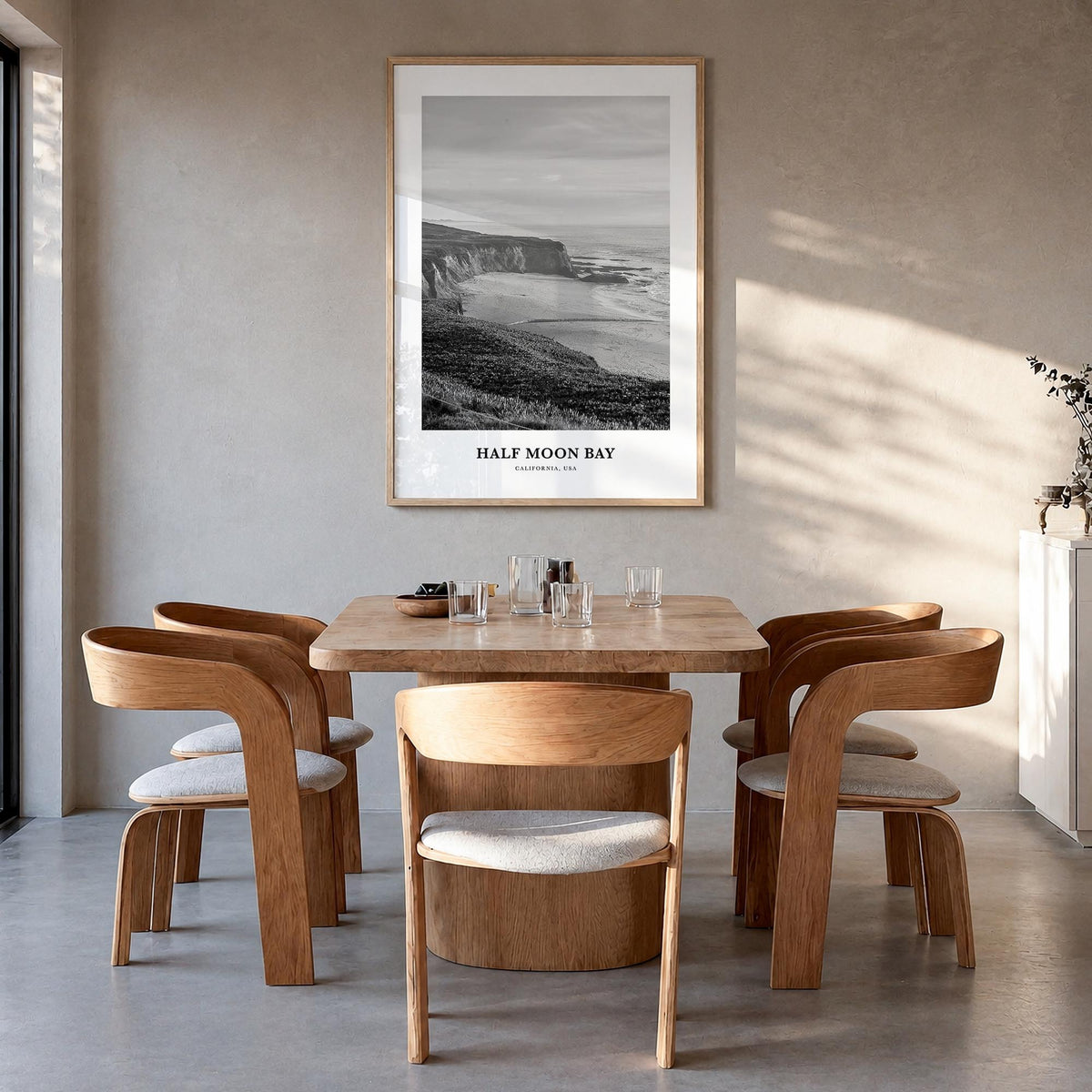 Half Moon Bay black & white classic poster of California, USA – vertical wall art in natural wood frame, hanging on wall