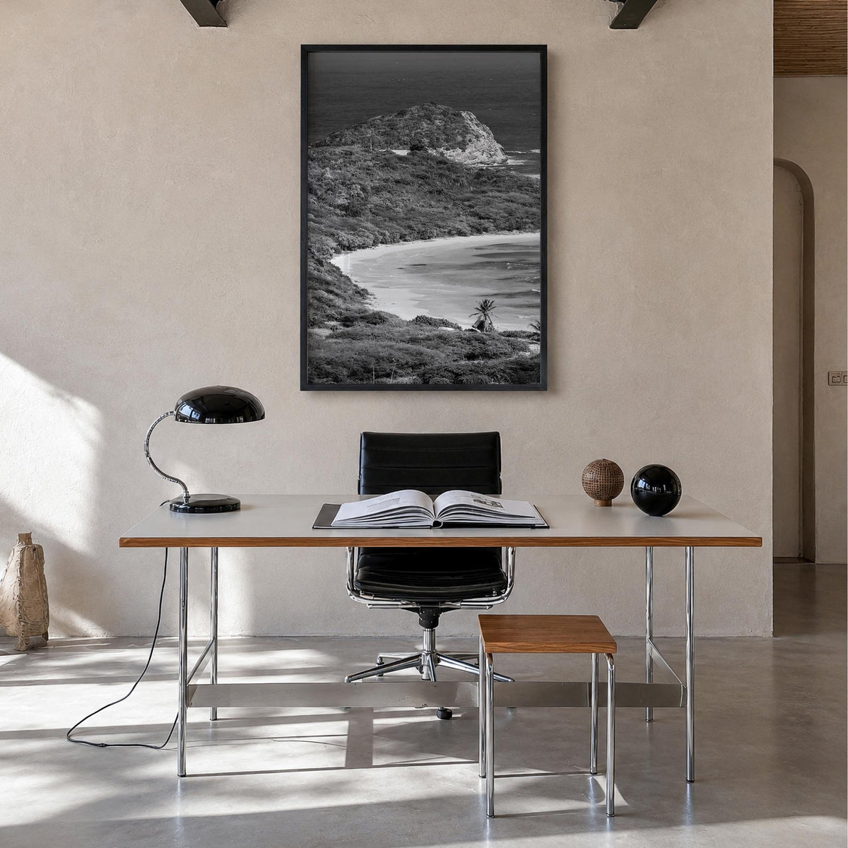 Half Moon Bay black & white photo poster of California, USA – vertical wall art in black wood frame, hanging on wall