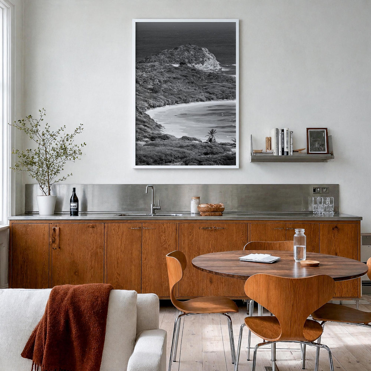 Half Moon Bay black & white photo poster of California, USA – vertical wall art in white wood frame, hanging on wall