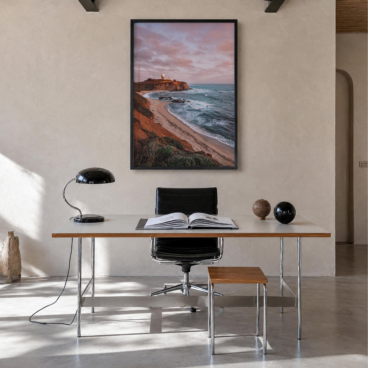 Half Moon Bay colorful photo poster of California, USA – vertical wall art in black wood frame, hanging on wall