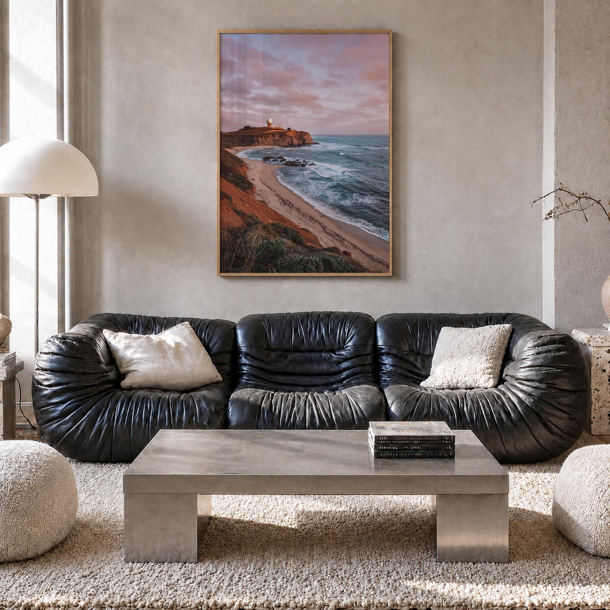 Half Moon Bay colorful photo poster of California, USA – vertical wall art in natural wood frame, hanging on wall