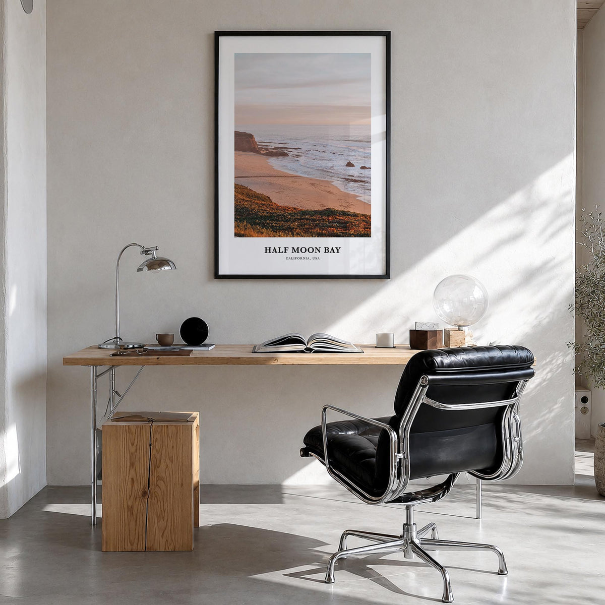 Half Moon Bay no. 1 colorful classic poster of California, USA – vertical wall art in black wood frame, hanging on wall