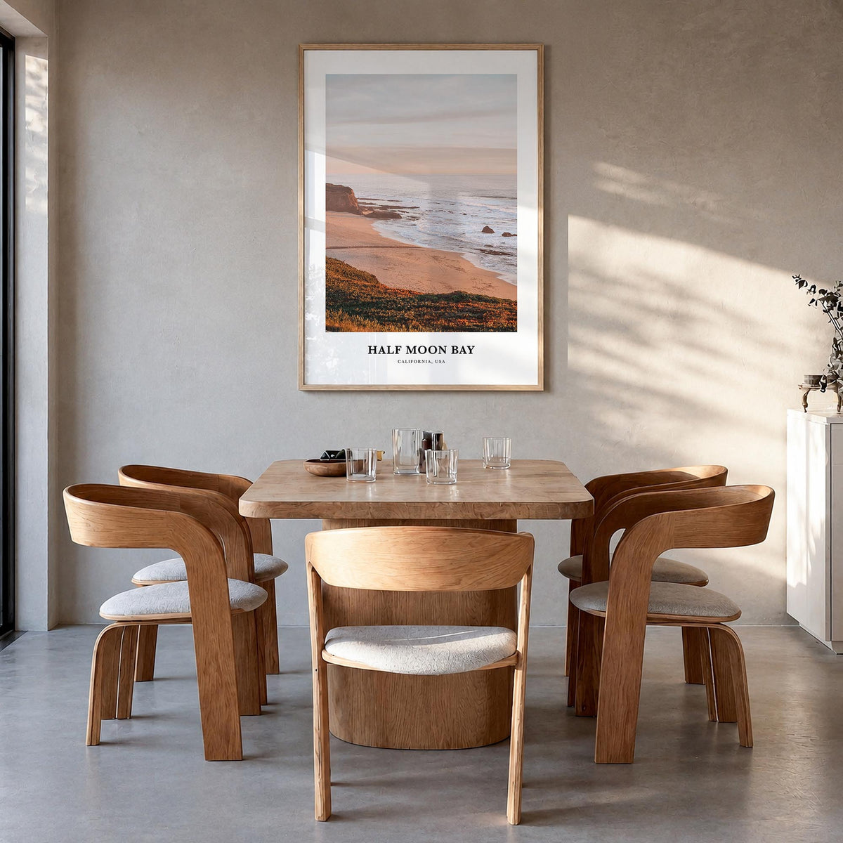 Half Moon Bay no. 1 colorful classic poster of California, USA – vertical wall art in natural wood frame, hanging on wall