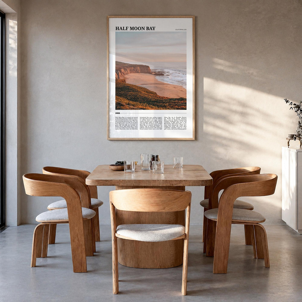Half Moon Bay no. 1 colorful travel poster of California, USA – vertical wall art in natural wood frame, hanging on wall