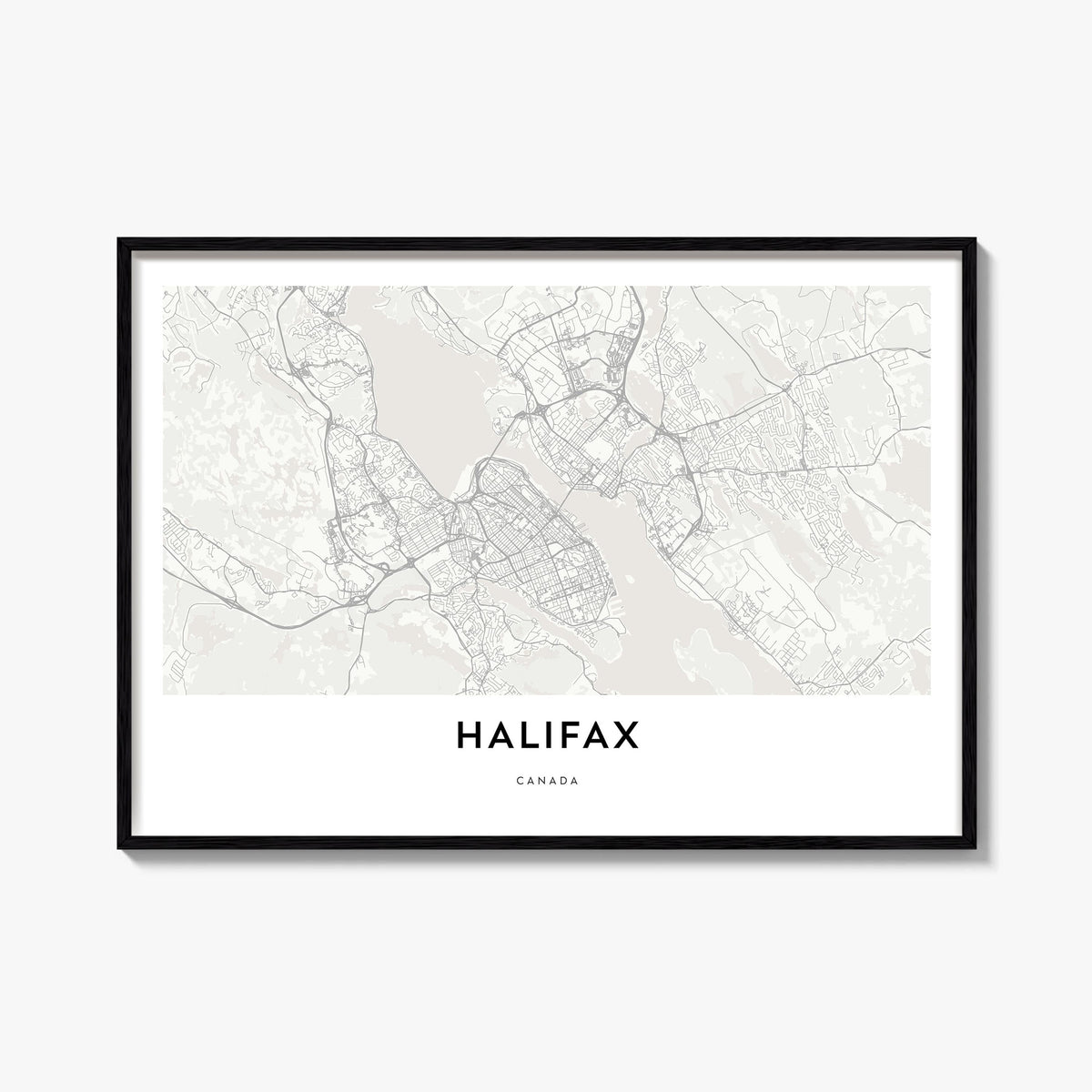 Halifax black & white map poster of Nova Scotia, Canada – horizontal wall art, unframed print shown in interior mockup
