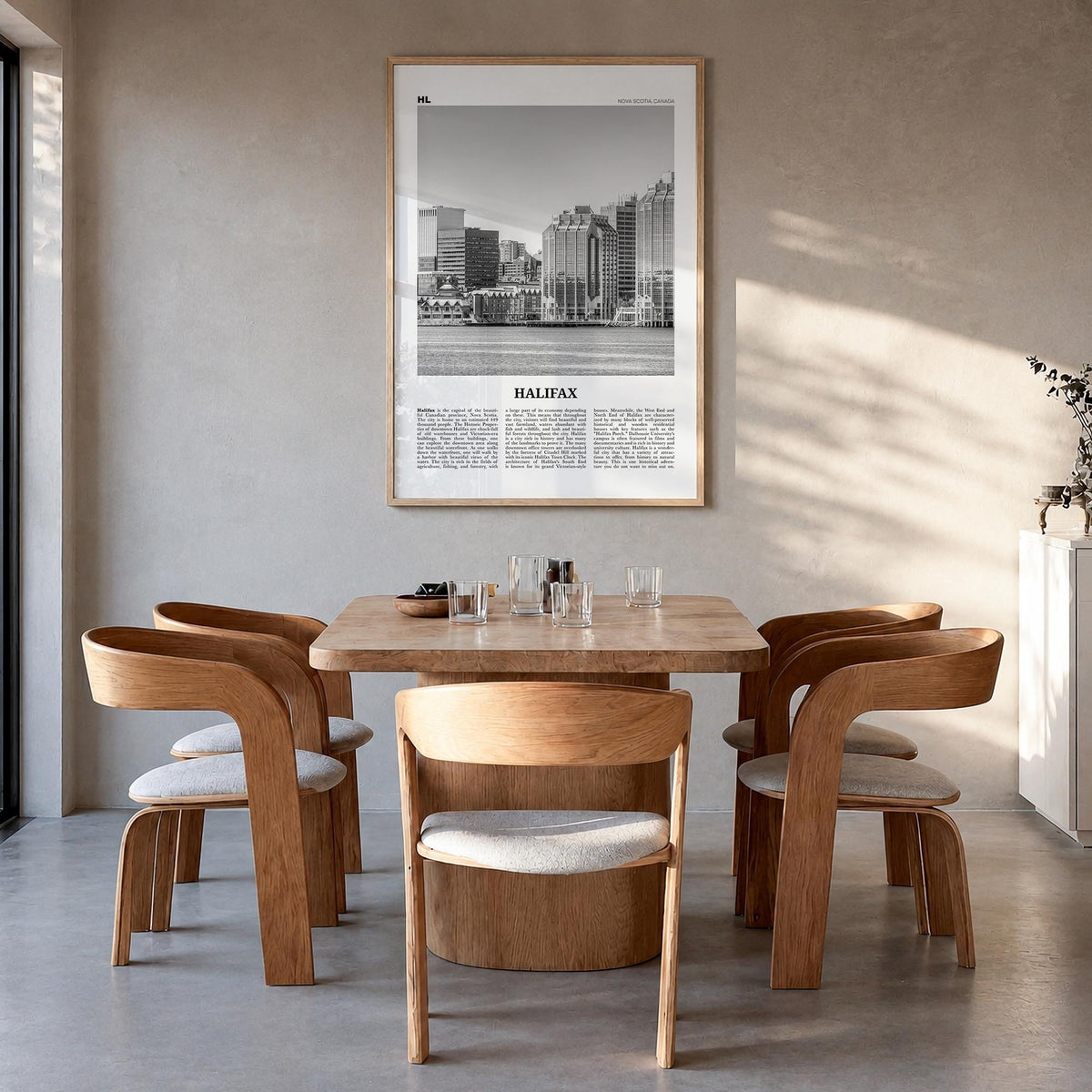 Halifax black & white newspaper poster of Nova Scotia, Canada – vertical wall art in natural wood frame, hanging on wall