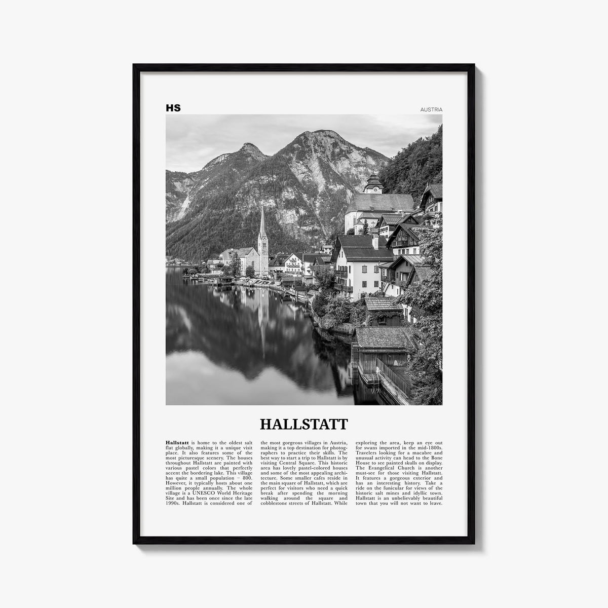 Hallstatt black & white newspaper poster of Austria – vertical wall art, unframed print shown in interior mockup
