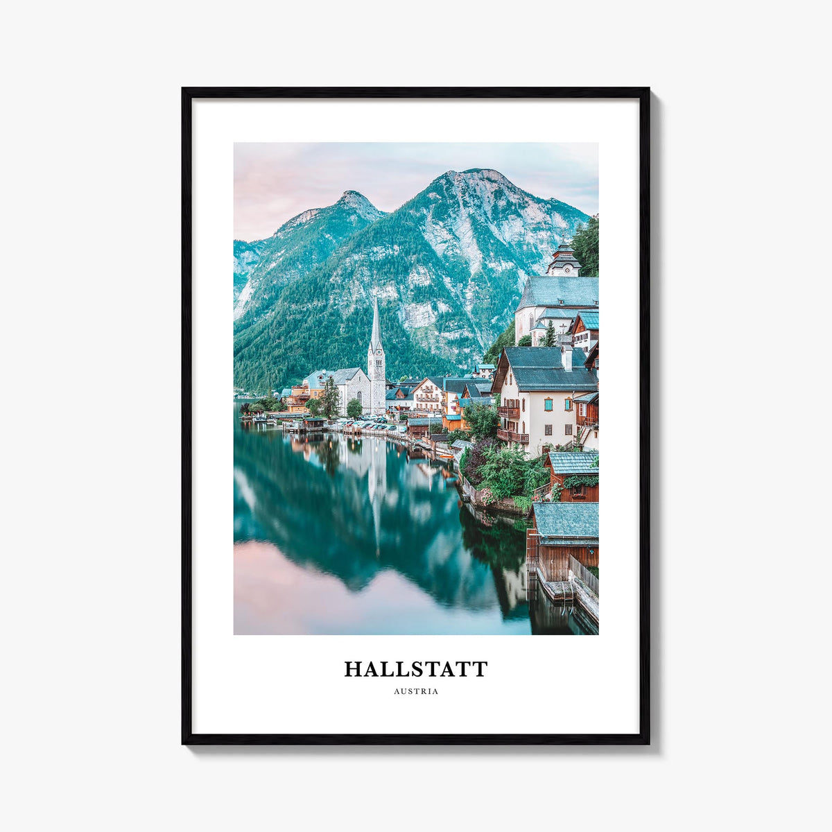 Hallstatt colorful classic poster of Austria – vertical wall art, unframed print shown in interior mockup