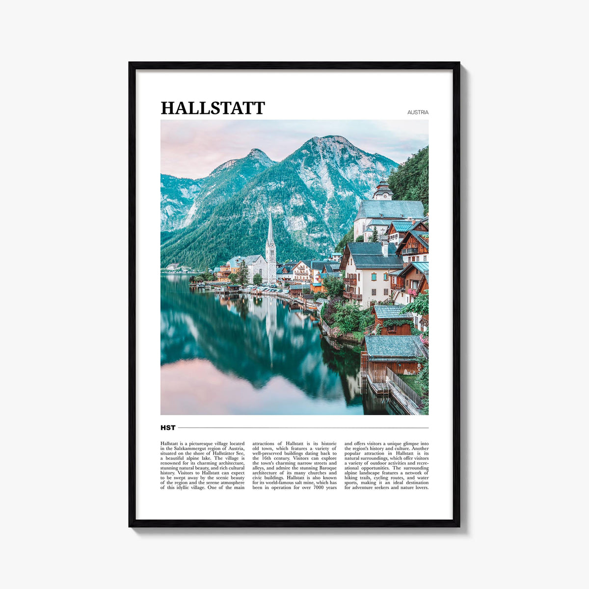 Hallstatt colorful travel poster of Austria – vertical wall art, unframed print shown in interior mockup