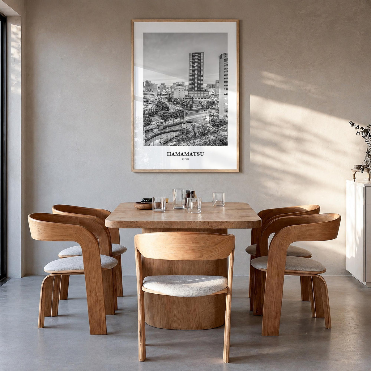 Hamamatsu black & white classic poster of Japan – vertical wall art in natural wood frame, hanging on wall