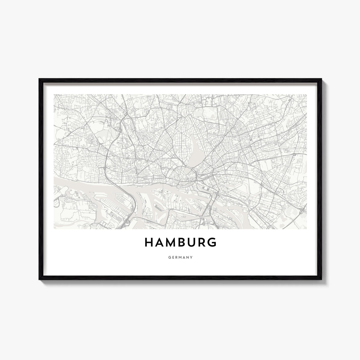 Hamburg black & white map poster of Germany – horizontal wall art, unframed print shown in interior mockup