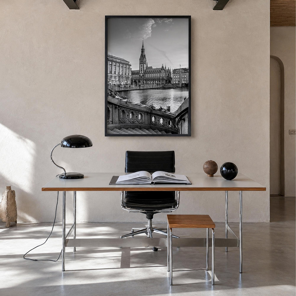 Hamburg black & white photo poster of Germany – vertical wall art in black wood frame, hanging on wall