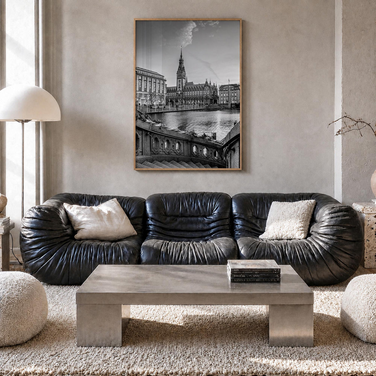 Hamburg black & white photo poster of Germany – vertical wall art in natural wood frame, hanging on wall