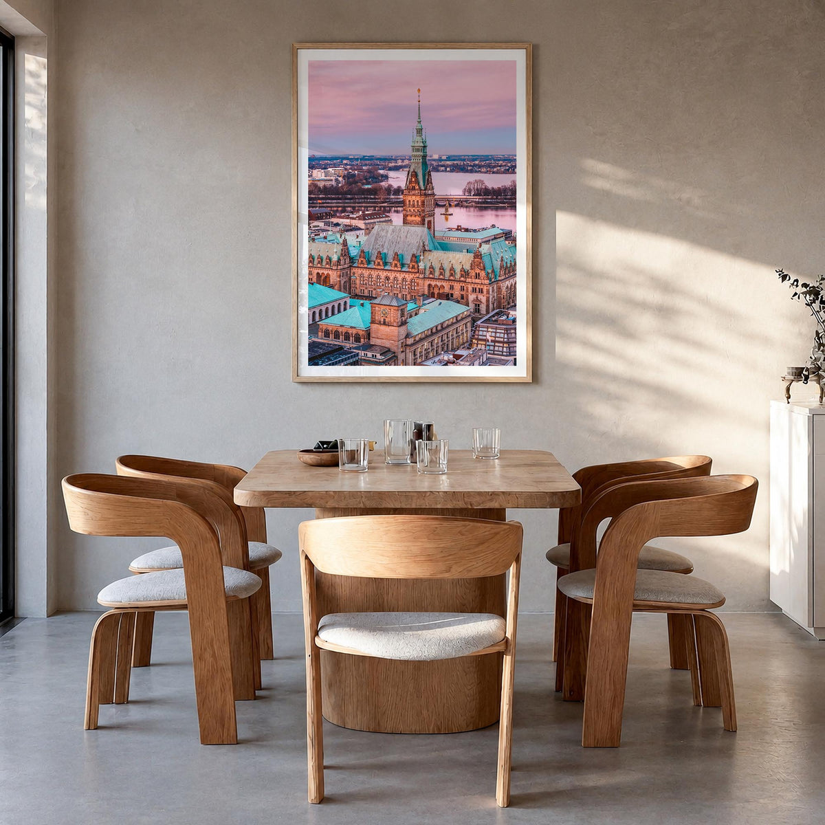 Hamburg no. 1 colorful photo poster of Germany – vertical wall art in natural wood frame with white border, hanging on wall