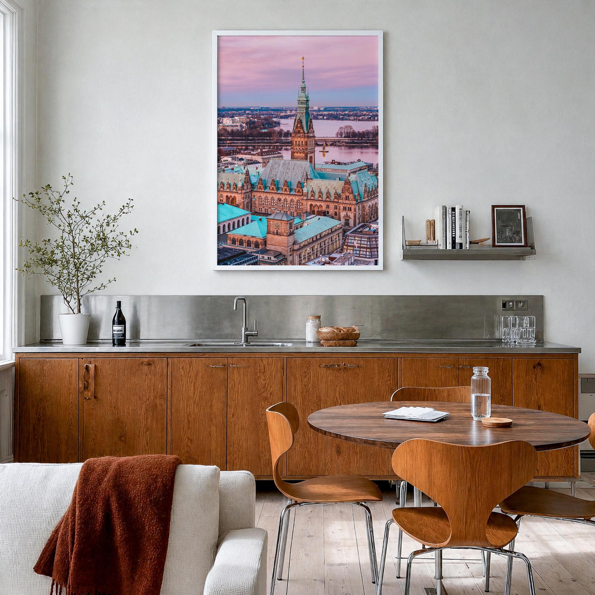 Hamburg no. 1 colorful photo poster of Germany – vertical wall art in white wood frame, hanging on wall