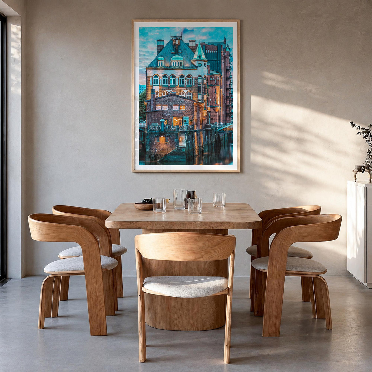 Hamburg no. 2 colorful photo poster of Germany – vertical wall art in natural wood frame with white border, hanging on wall