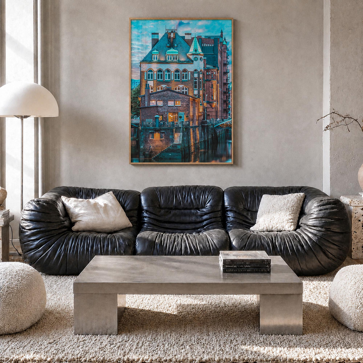 Hamburg no. 2 colorful photo poster of Germany – vertical wall art in natural wood frame, hanging on wall