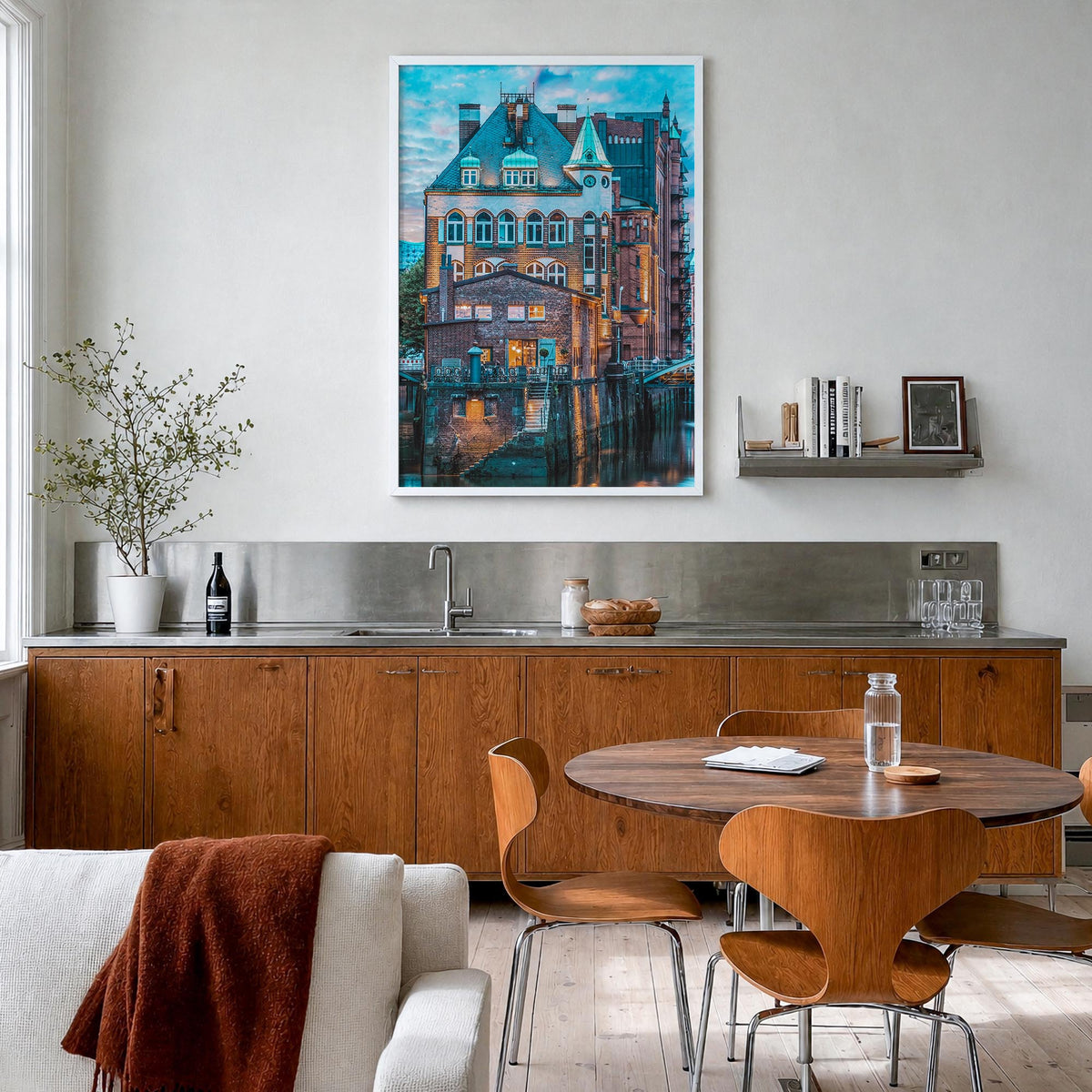 Hamburg no. 2 colorful photo poster of Germany – vertical wall art in white wood frame, hanging on wall
