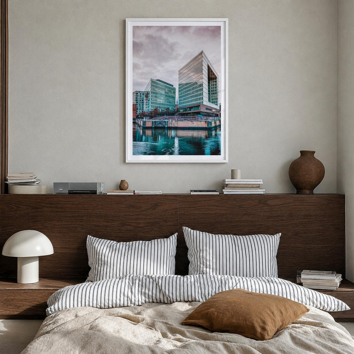 Hamburg no. 3 colorful photo poster of Germany – vertical wall art in white wood frame with white border, hanging on wall
