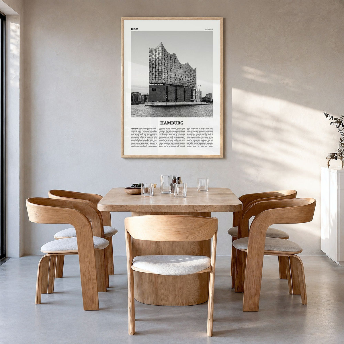 Hamburg Newspaper No 2 Poster in a natural wood frame, hanging in a dining room