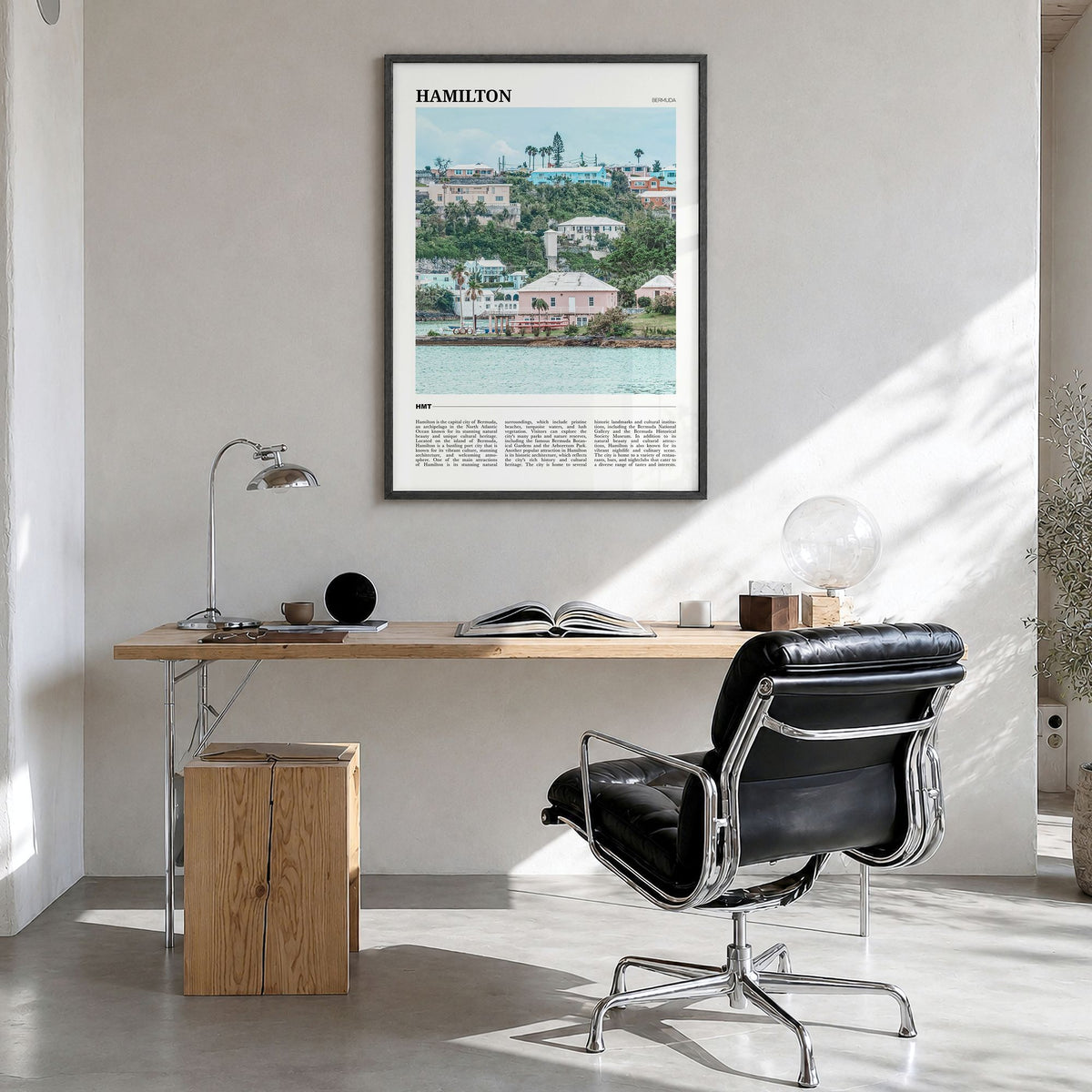 Hamilton, Bermuda Travel Poster in a black wood frame, hanging in a bright home office