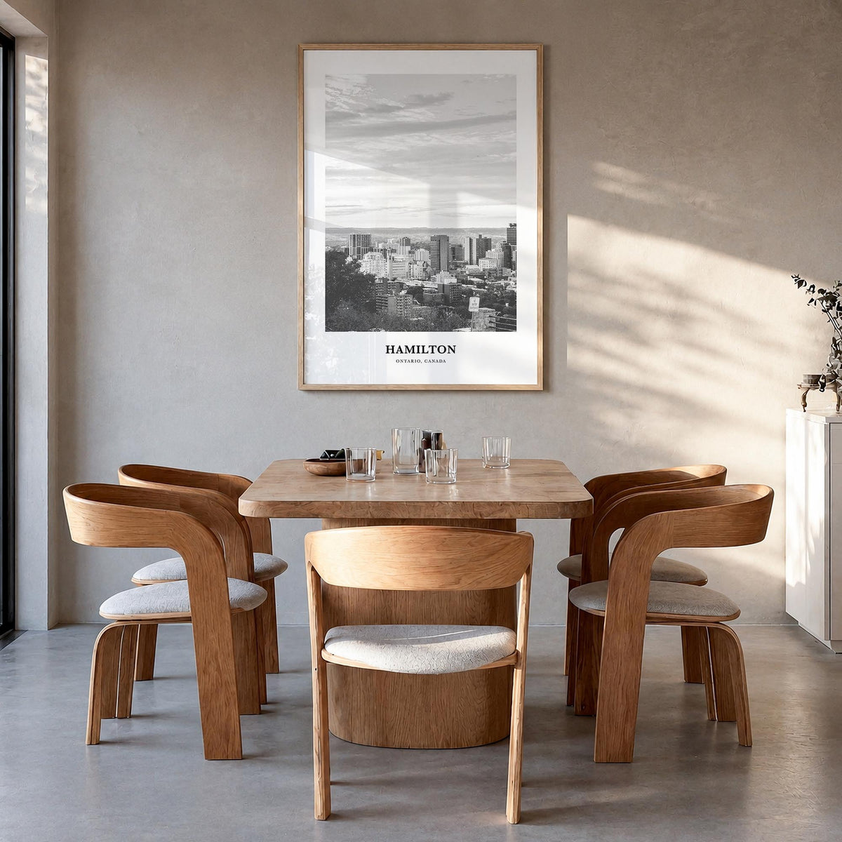 Hamilton, Canada no. 2 black & white classic poster of Canada – vertical wall art in natural wood frame, hanging on wall