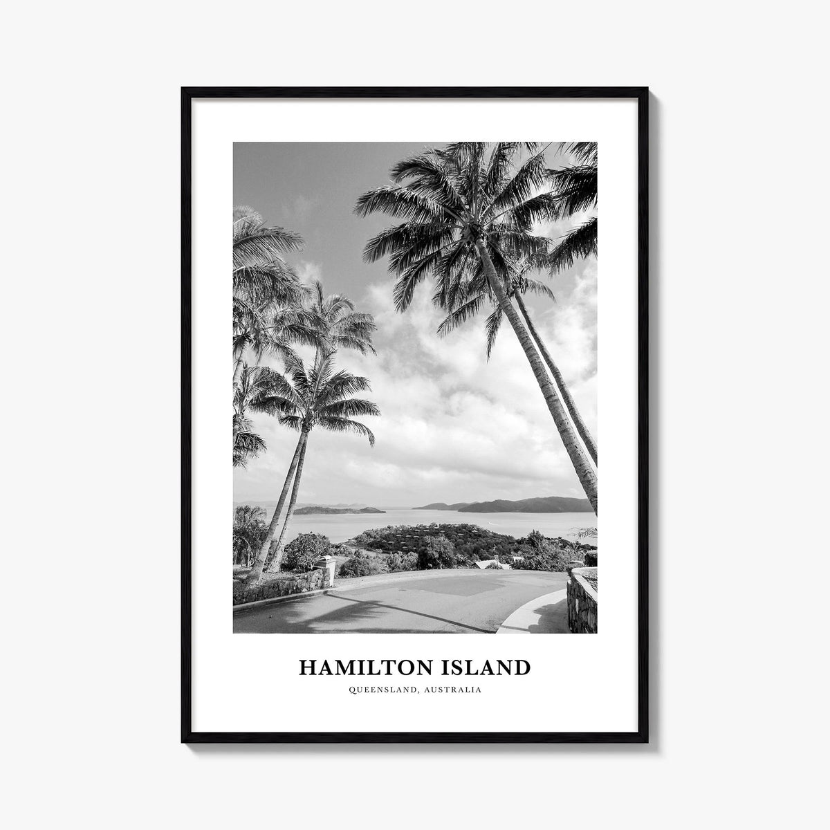 Hamilton Island black & white classic poster of Australia – vertical wall art, unframed print shown in interior mockup