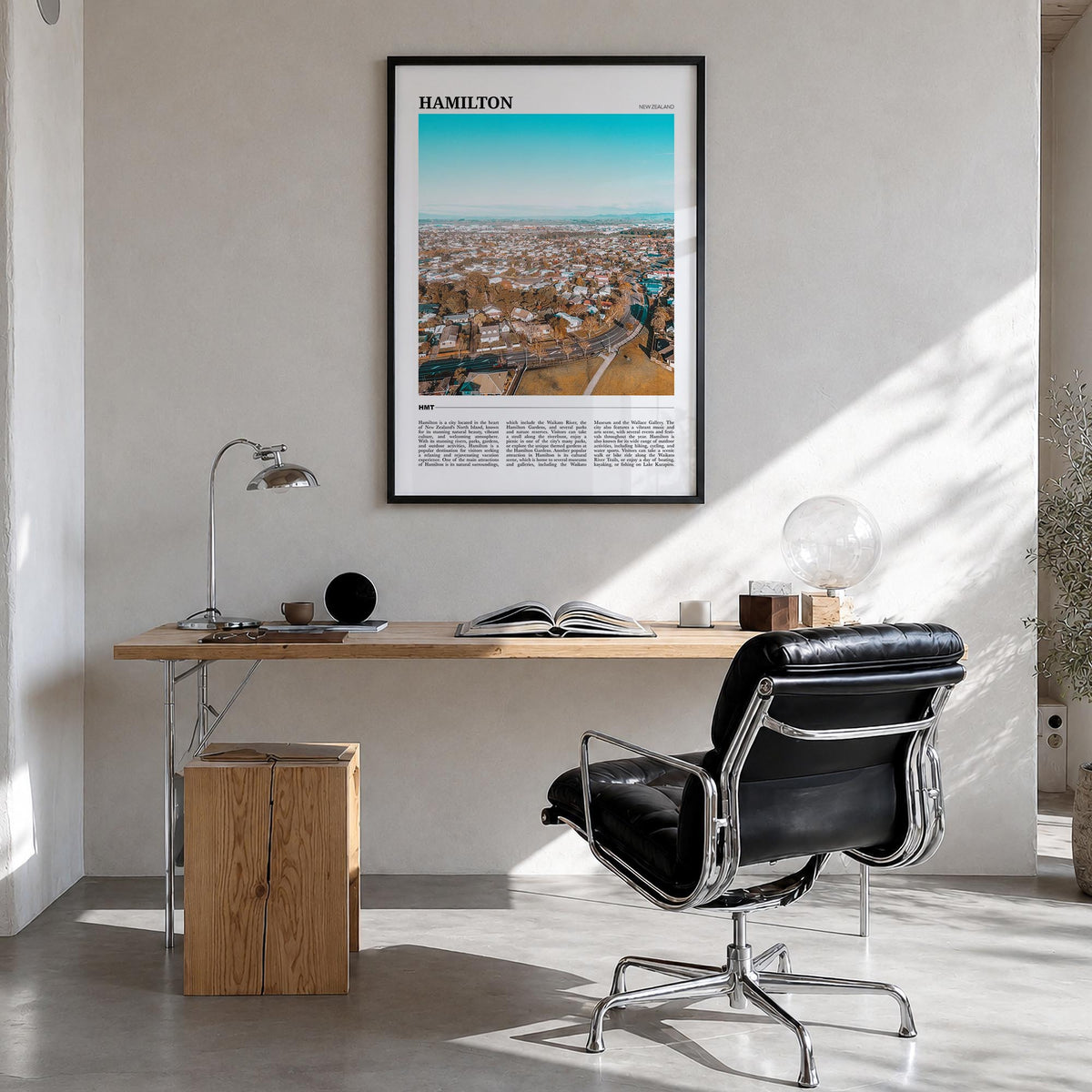 Hamilton, New Zealand colorful travel poster of New Zealand – vertical wall art in black wood frame, hanging on wall