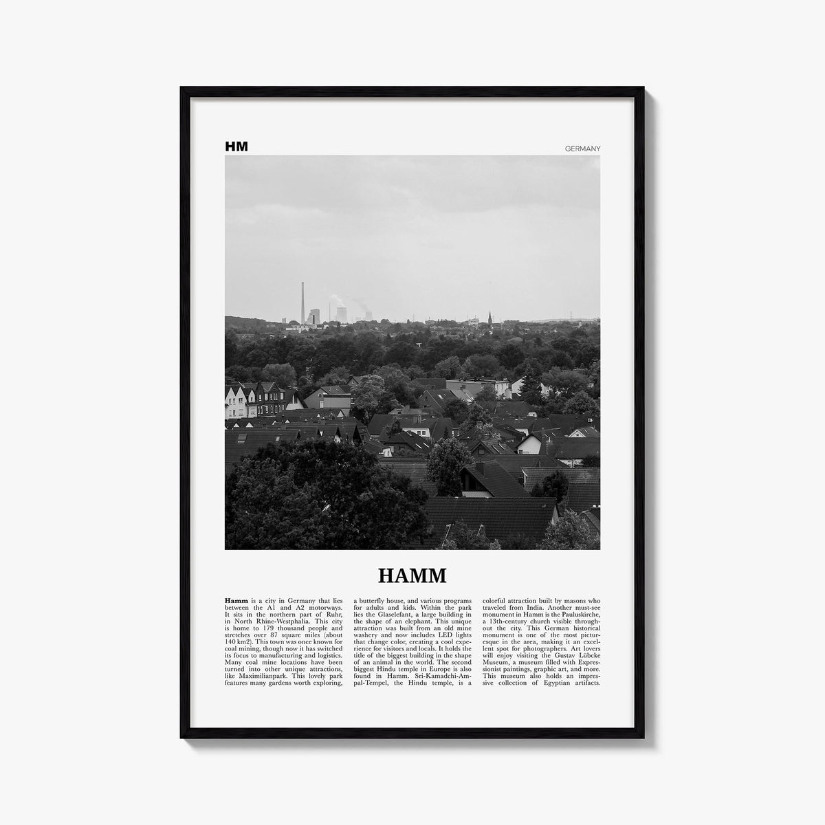 Hamm black & white newspaper poster of Germany – vertical wall art, unframed print shown in interior mockup