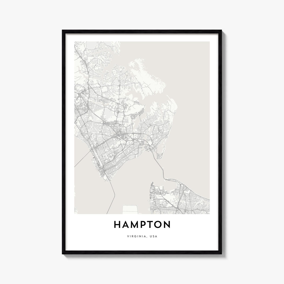 Hampton black & white map poster of Virginia, USA – vertical wall art, unframed print shown in interior mockup