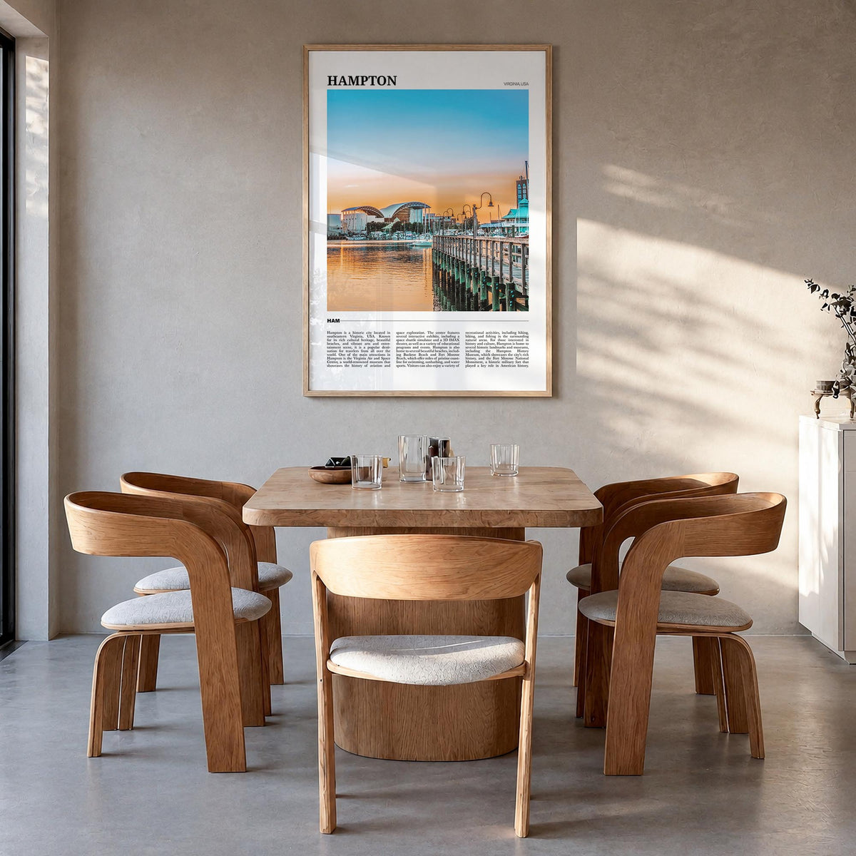 Hampton colorful travel poster of Virginia, USA – vertical wall art in natural wood frame, hanging on wall