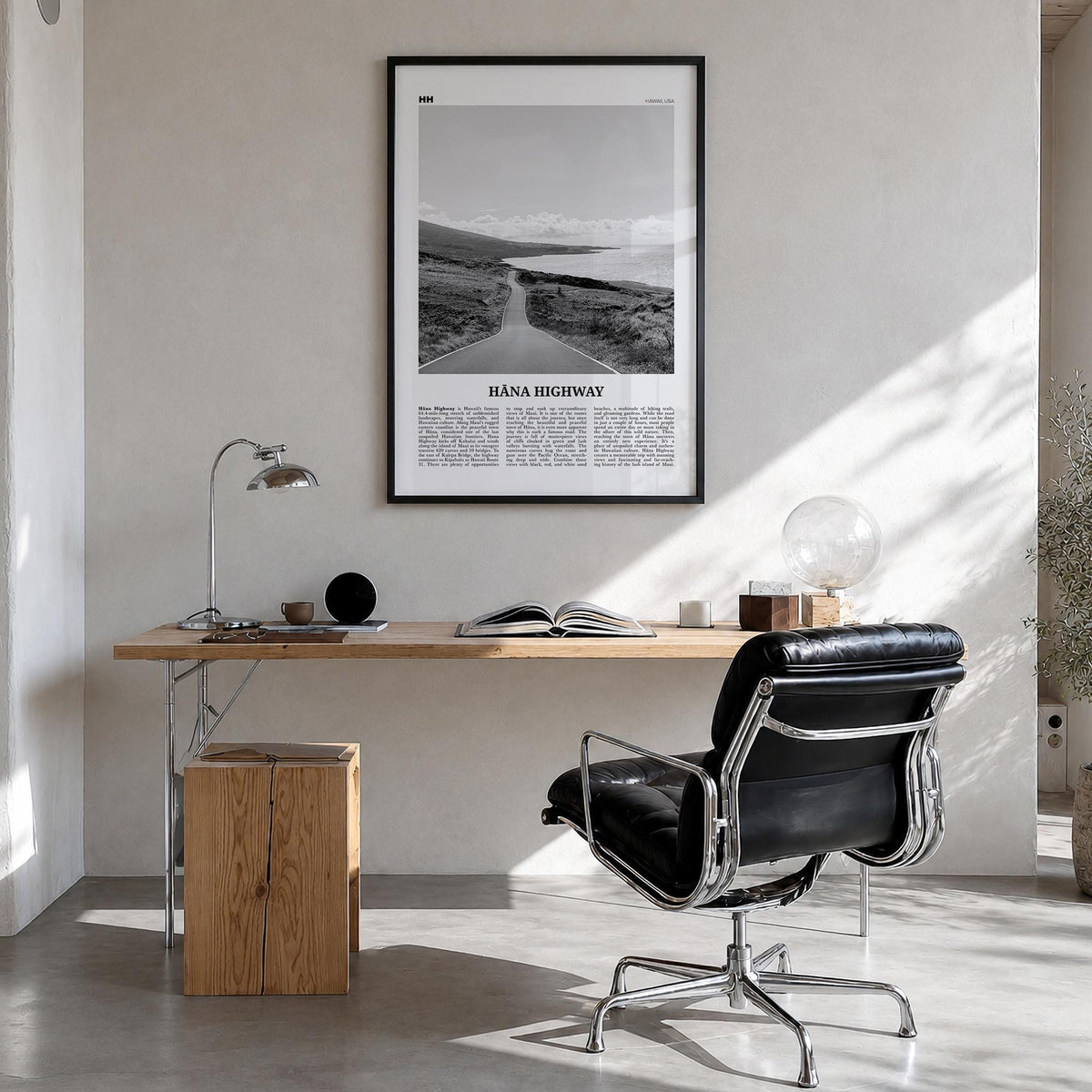 Hana Highway black & white newspaper poster of Hawaii, USA – vertical wall art in black wood frame, hanging on wall