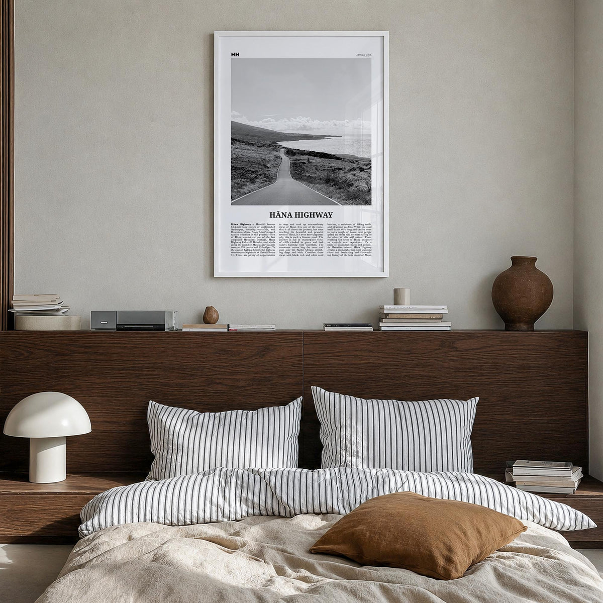 Hana Highway black & white newspaper poster of Hawaii, USA – vertical wall art in white wood frame, hanging on wall