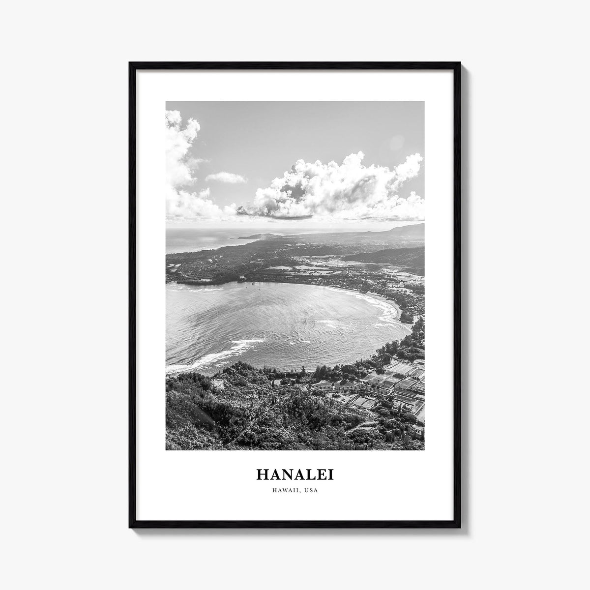 Hanalei black & white classic poster of Hawaii, USA – vertical wall art, unframed print shown in interior mockup