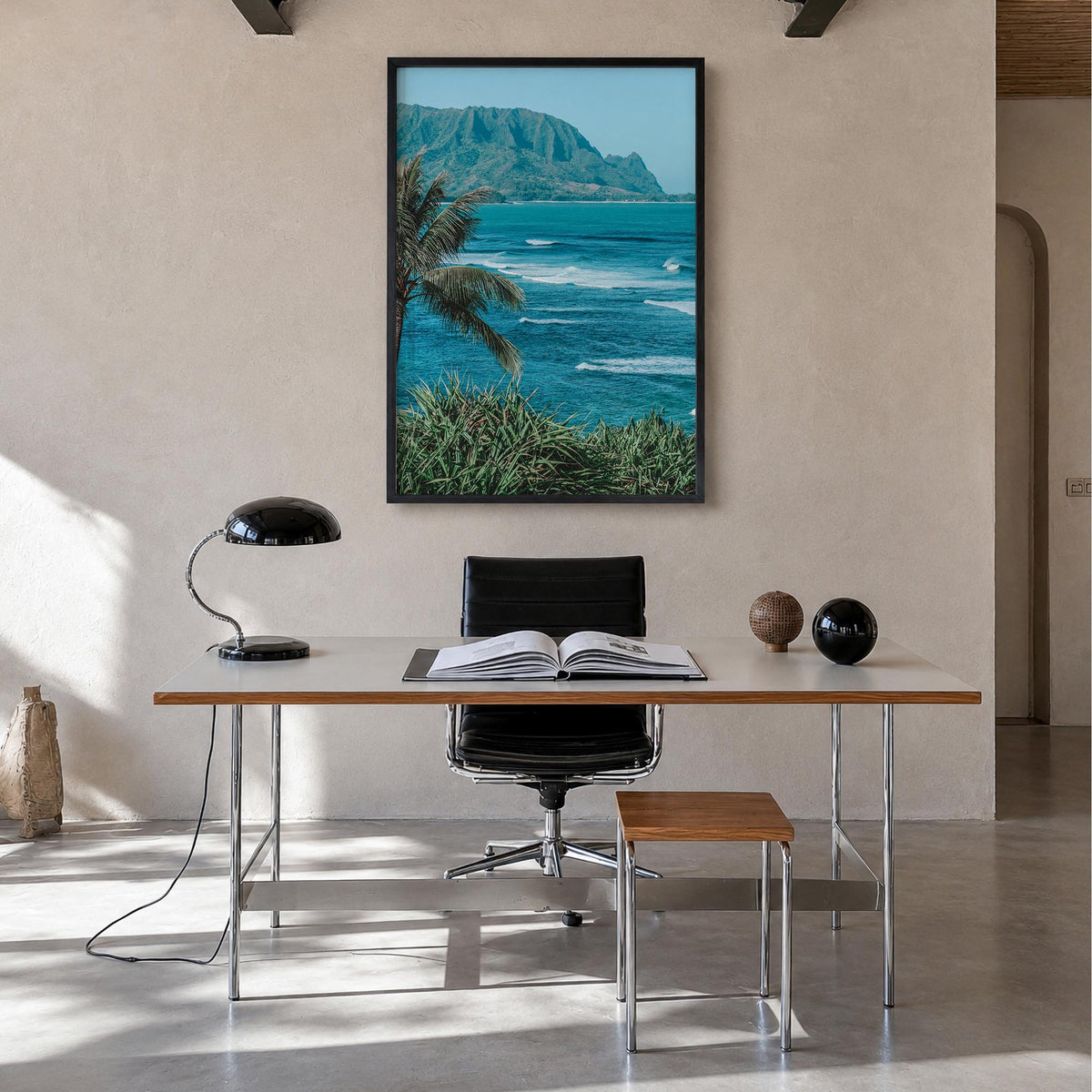 Hanalei colorful photo poster of Hawaii, USA – vertical wall art in black wood frame, hanging on wall