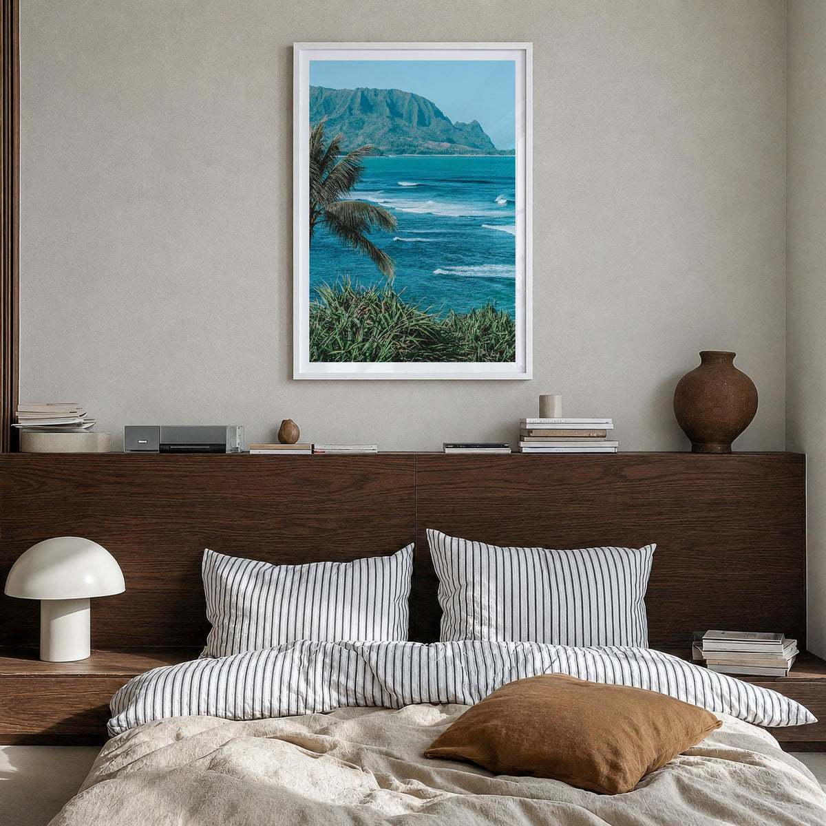 Hanalei colorful photo poster of Hawaii, USA – vertical wall art in white wood frame with white border, hanging on wall